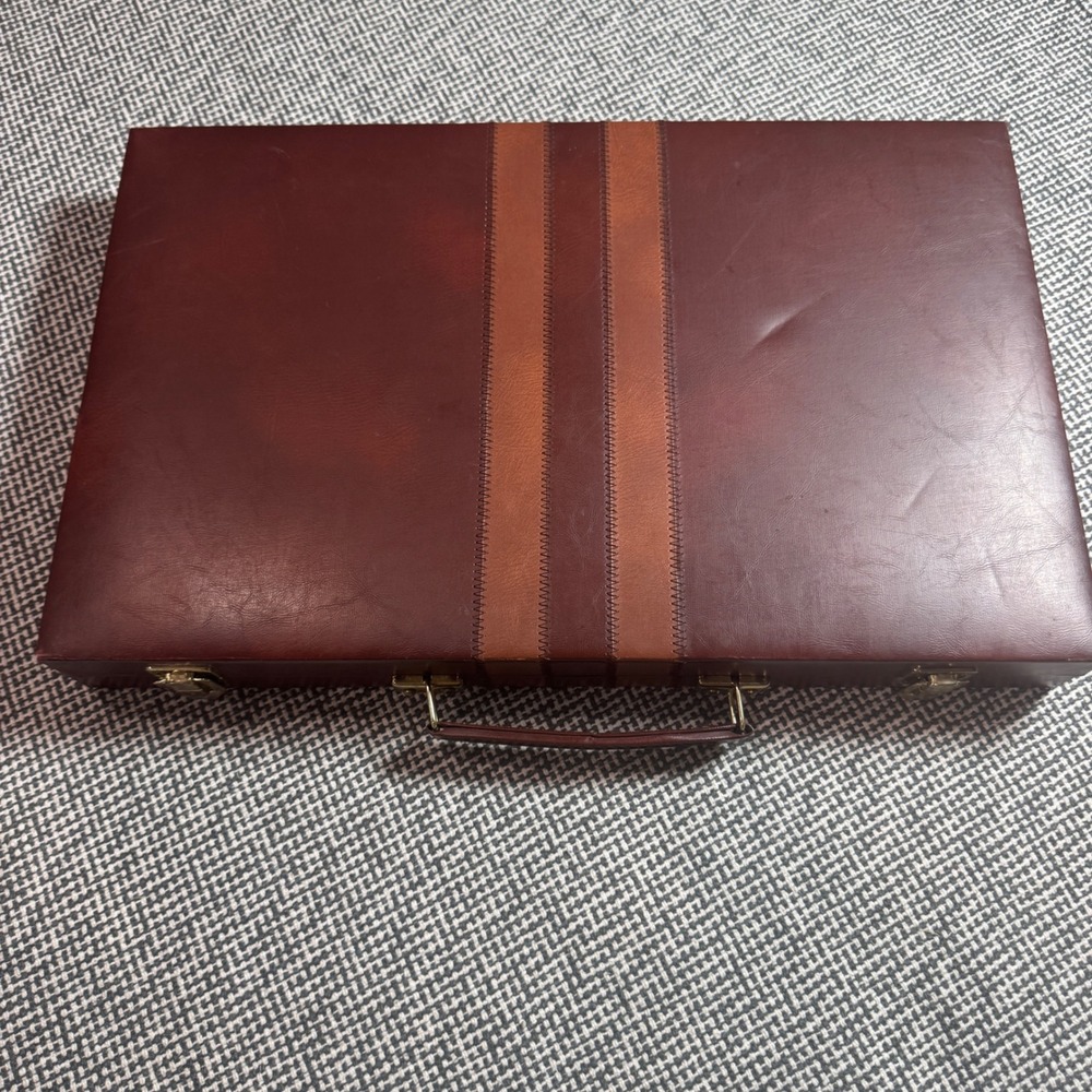 Vintage Skormor Backgammon Set Burgundy Faux Leather Briefcase Strategy Game
